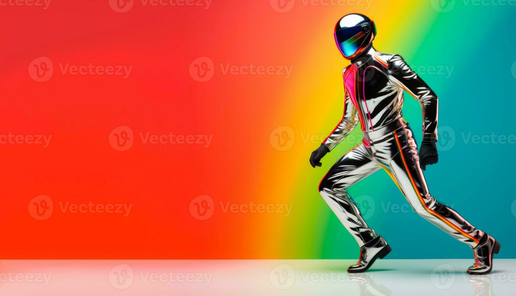 Futuristic model in a sleek chrome jumpsuit isolated on a vibrant gradient background photo