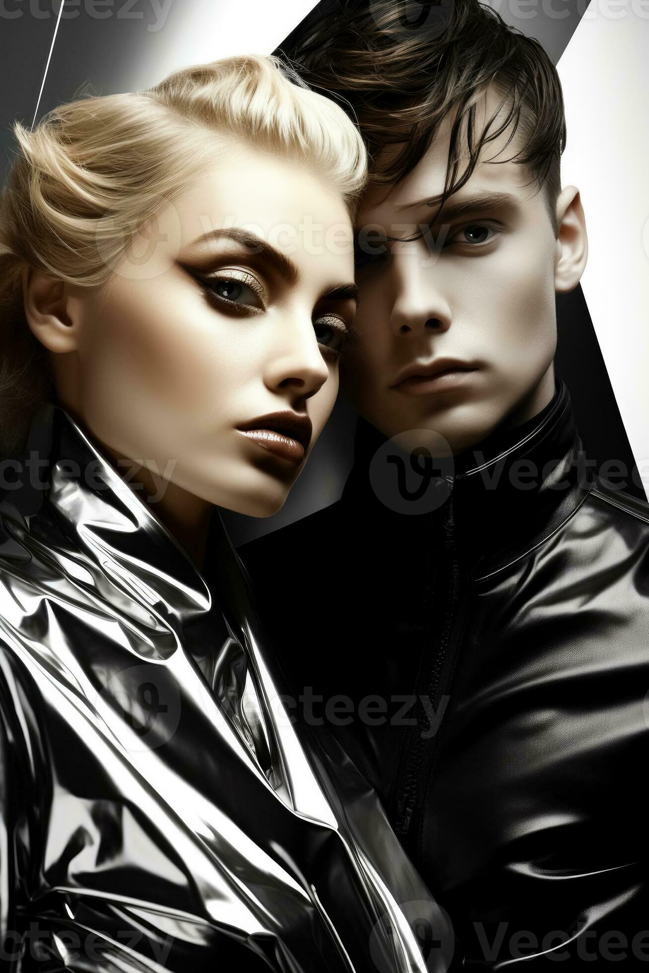 Androgynous models in monochrome metallic fashion futuristic background  with empty space for text 28714285 Stock Photo at Vecteezy