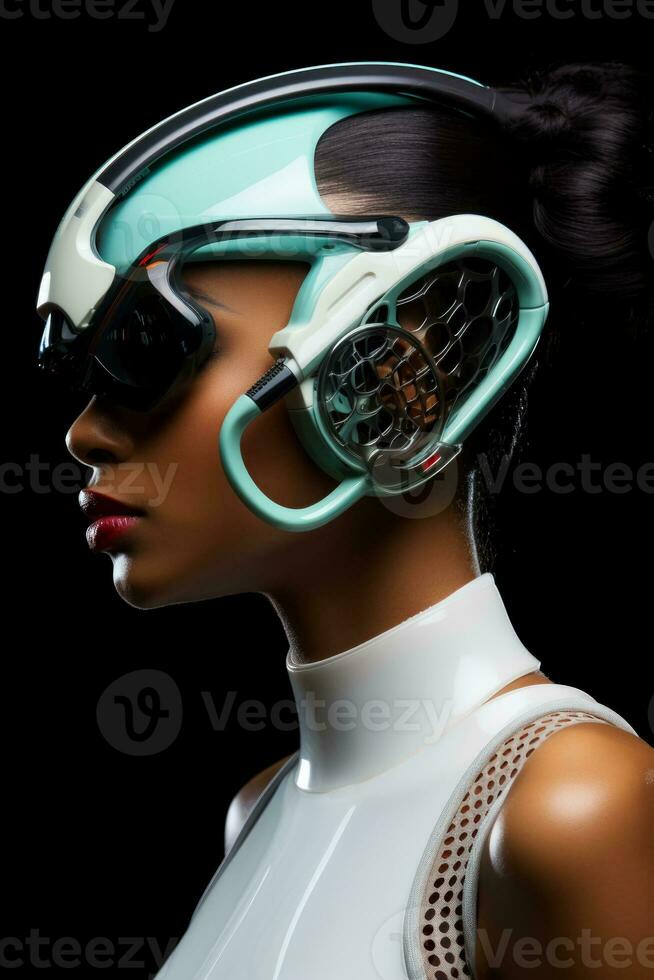 Futuristic model adorned with bio-tech wearable art isolated on a gradient background photo