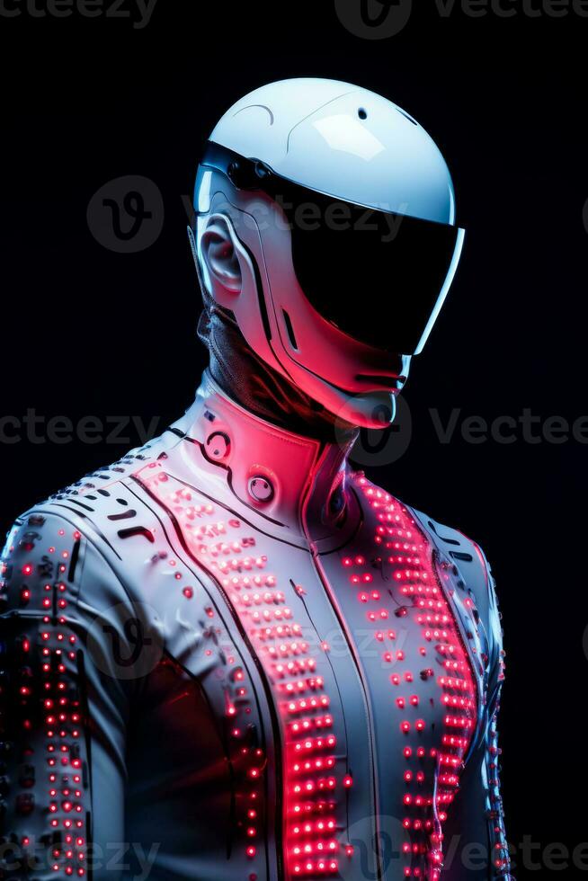 Ultra-modern model showcasing LED-embedded bodysuit isolated on a vibrant gradient background photo