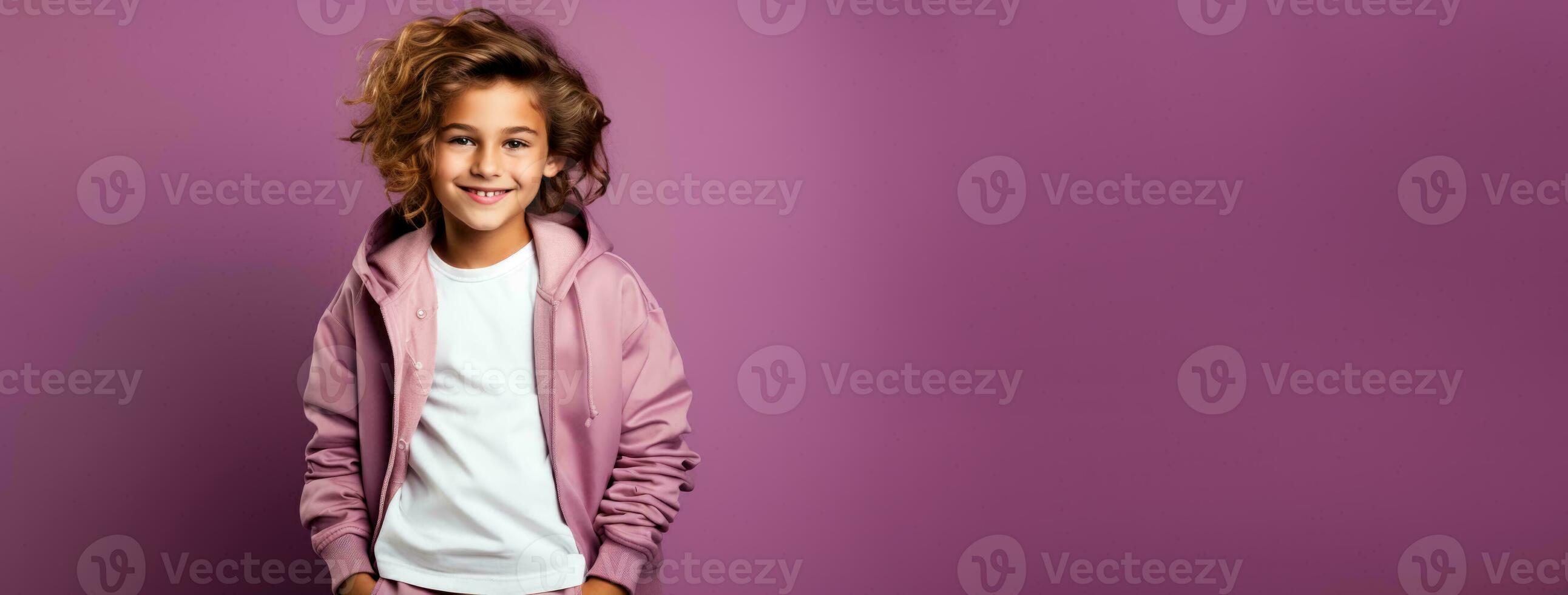 Fashion week kid model isolated on gradient background with a place for text photo