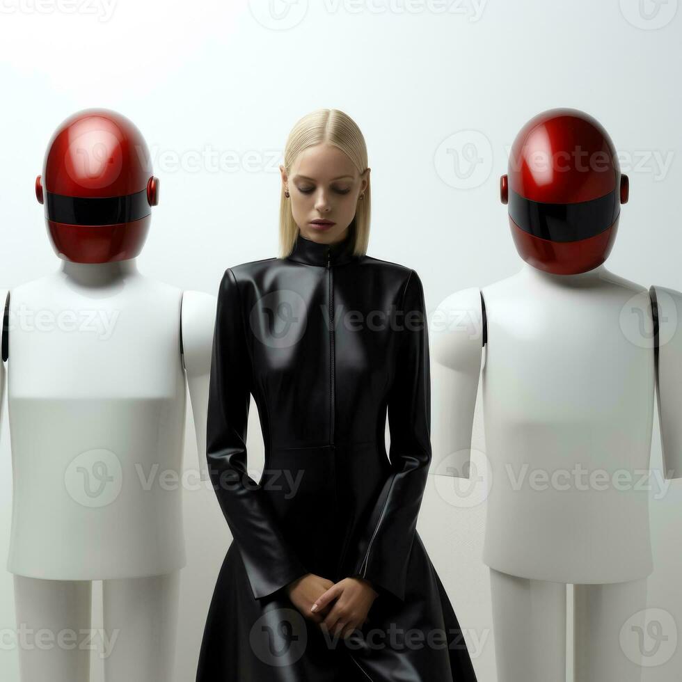 Android models pose in minimalistic glossy attire against starkly simplistic settings photo