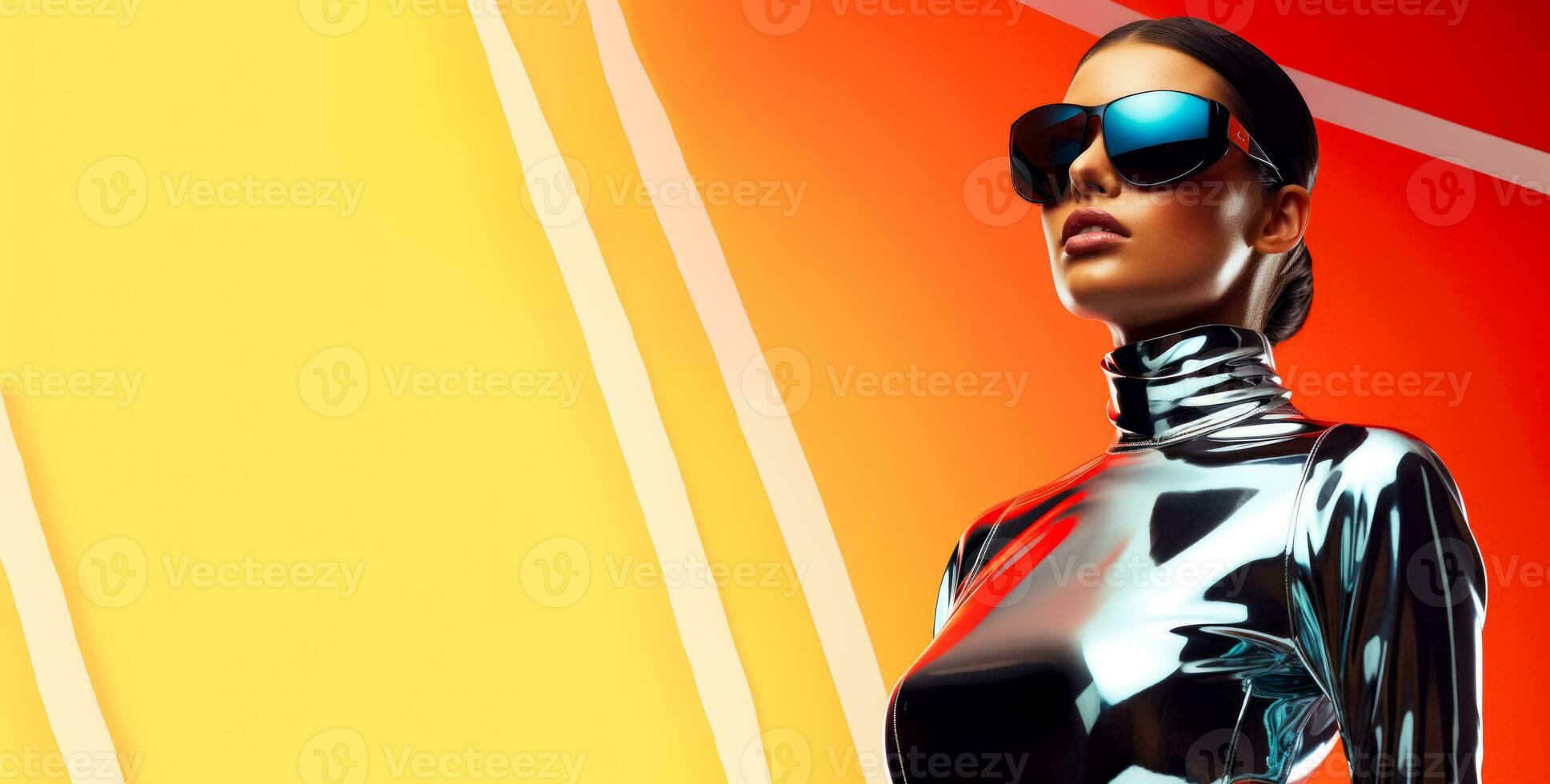 Futuristic model in a sleek chrome jumpsuit isolated on a vibrant gradient background photo