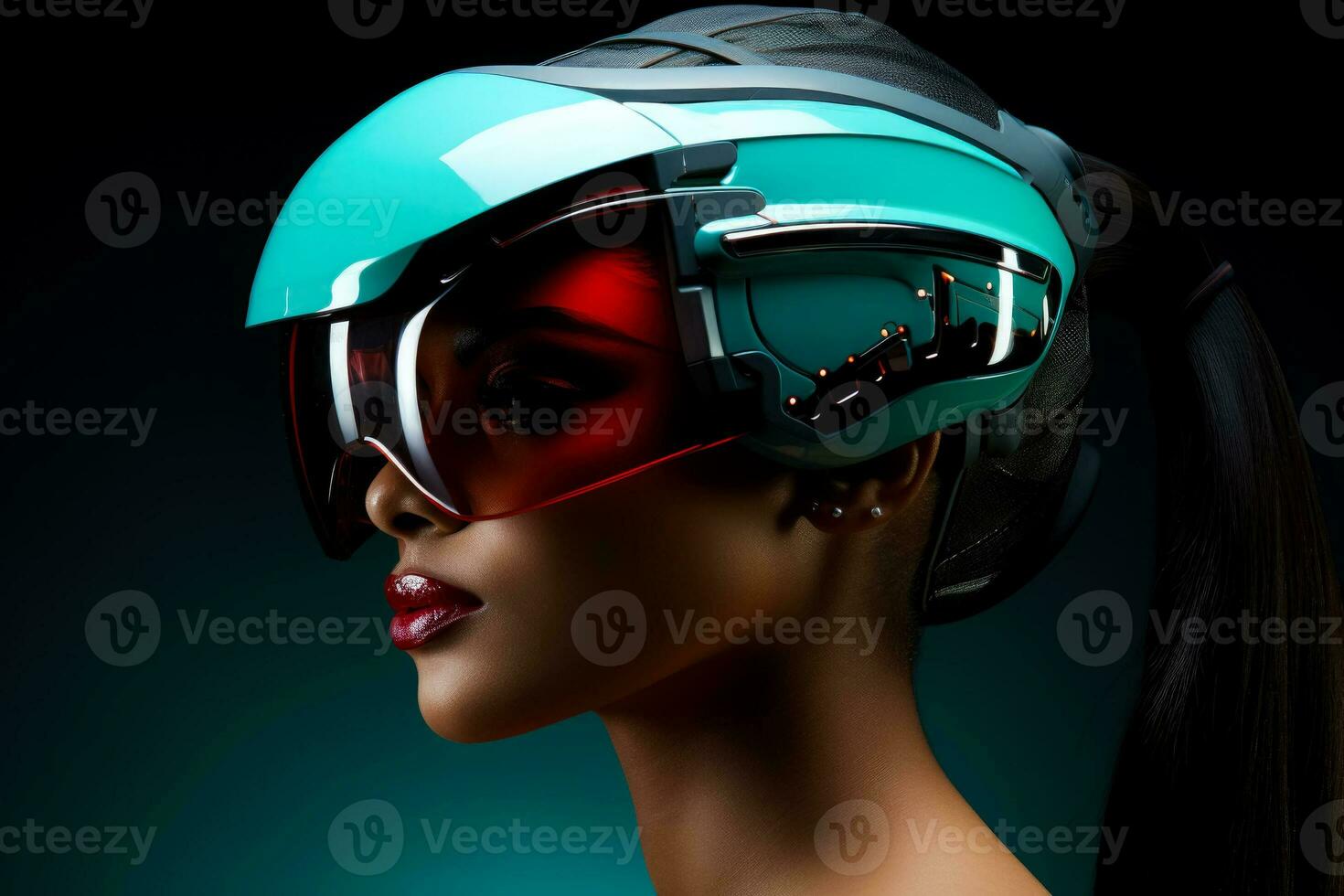 Futuristic model adorned with bio-tech wearable art isolated on a gradient background photo