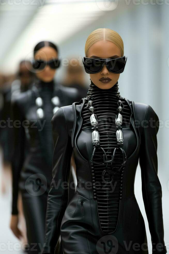 cibernético modelos pavoneo en pulcro monocromo conjuntos exudando futurista elegancia foto