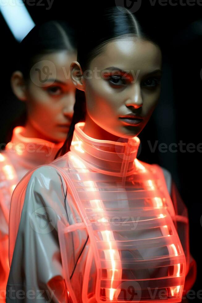 etéreo modelos ataviado en iluminado por LED atuendo encarnando un futurista minimalista estilo en contra brillante antecedentes foto