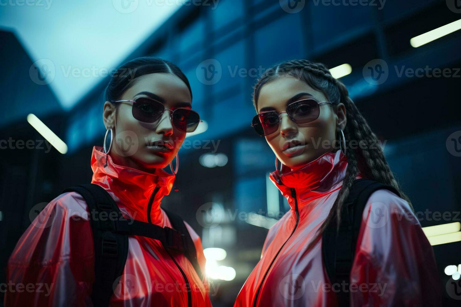 Reflective ensembles in neon cityscape futuristic models posing background with empty space for text photo