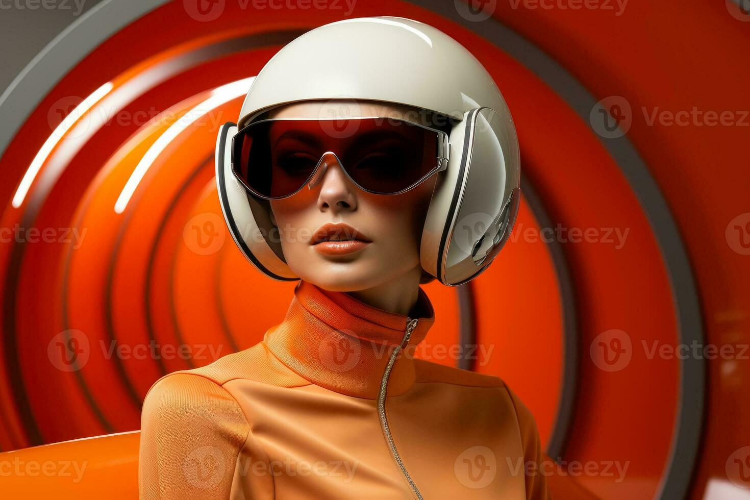 Space age models showcasing futuristic accessories background with empty space for text photo