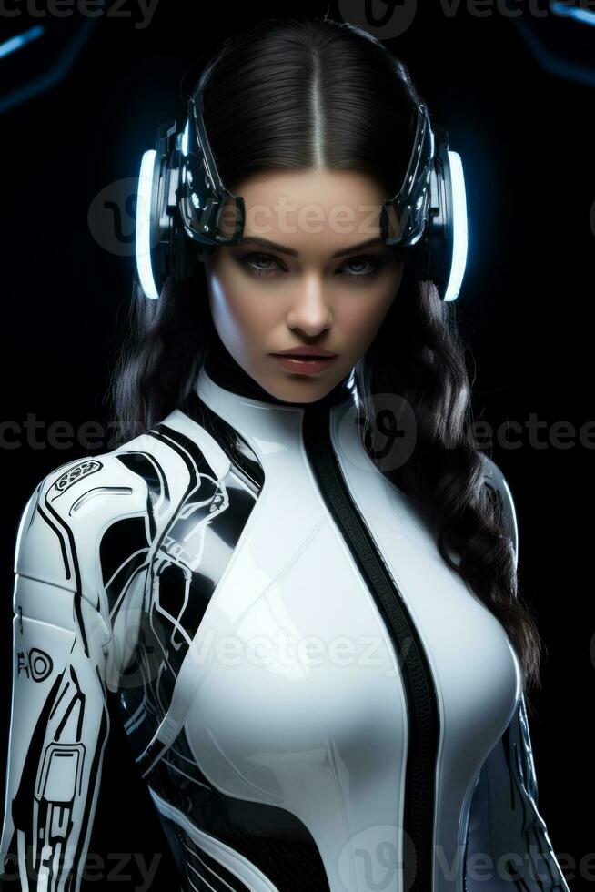 Futuristic female model with cybernetic elements isolated on a monochromatic gradient background photo
