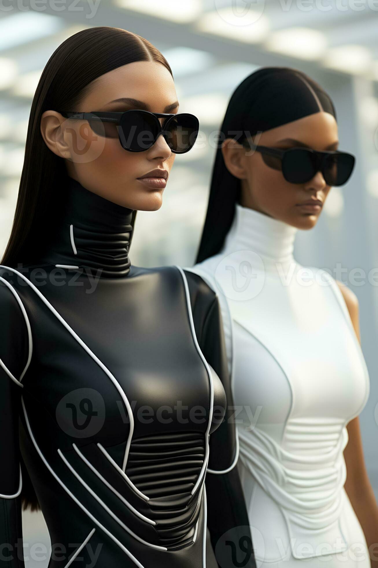 Futuristic women in monochrome outfits showcasing cybernetic innovation  through minimalist fashion aesthetics 28714391 Stock Photo at Vecteezy