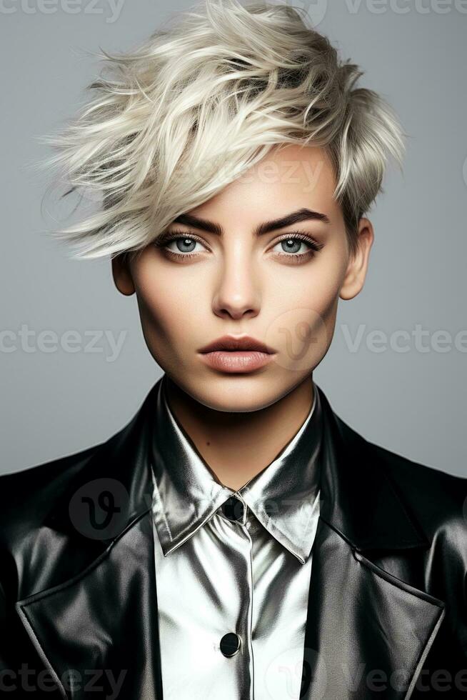 Androgynous model in metallic fashion attire isolated on a gradient monochrome background photo