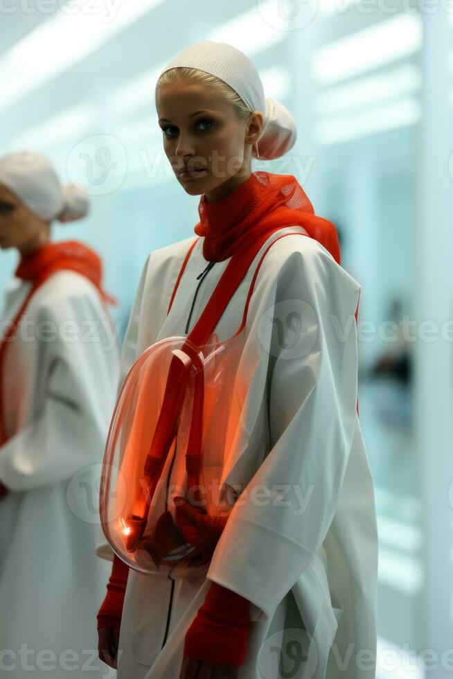 Bio-tech fashion models in sterile lab settings embodying minimalism and avant-garde aesthetics photo