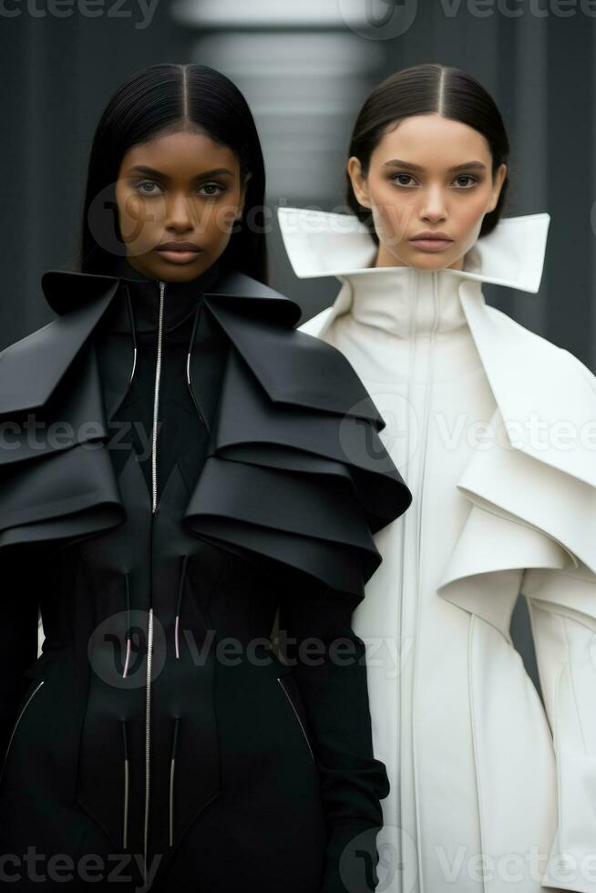 Futuristic women in monochrome outfits showcasing cybernetic innovation through minimalist fashion aesthetics photo