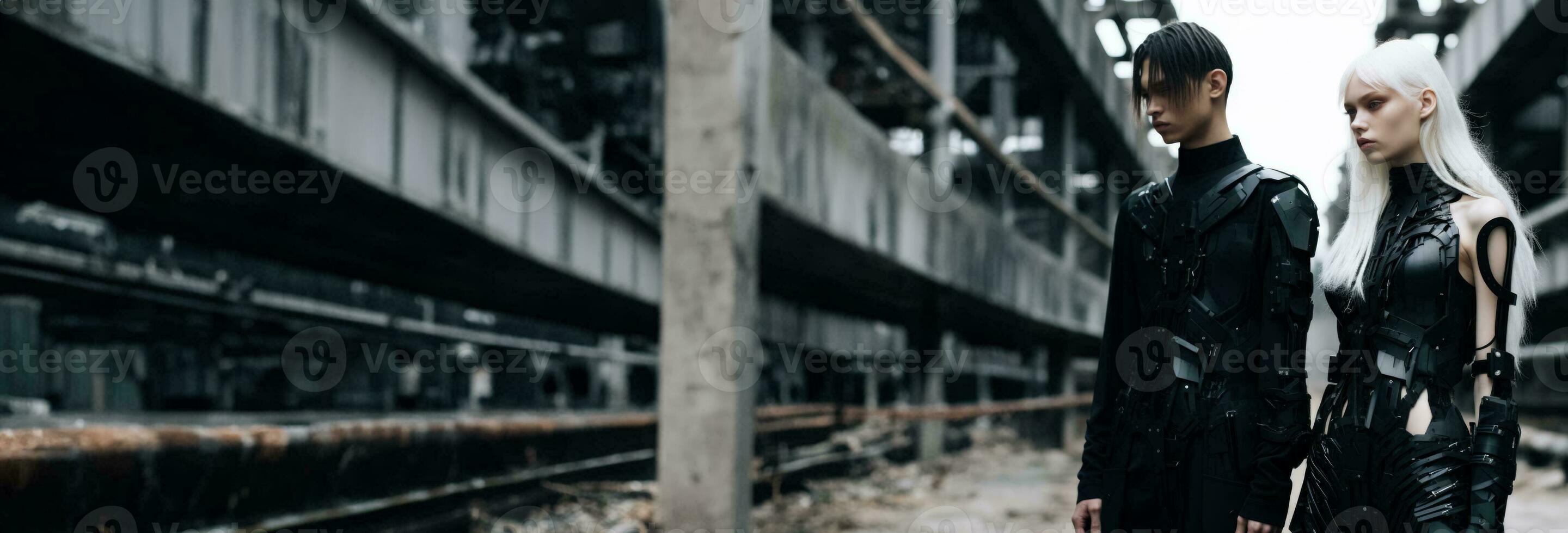 Edgy cybernetic models bringing industrial minimalism to life in a stark futuristic setting photo
