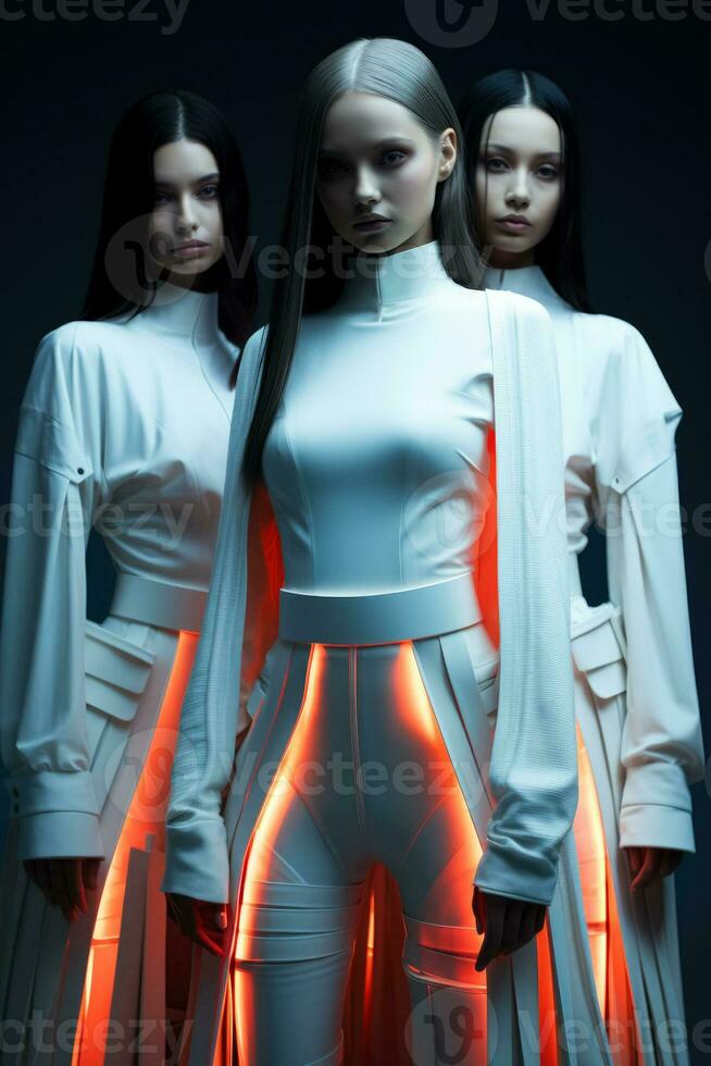 Ethereal models garbed in LED-lit attire embodying a futuristic minimalist style against glowing backgrounds photo