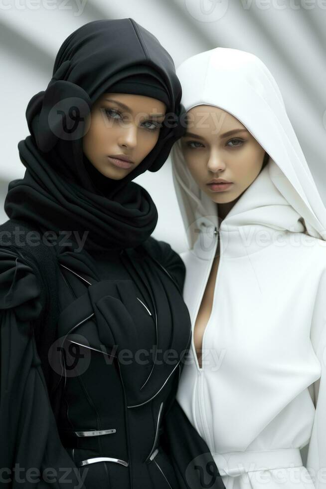 Futuristic women in monochrome outfits showcasing cybernetic innovation through minimalist fashion aesthetics photo