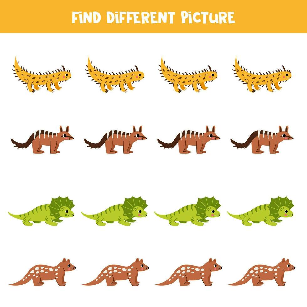 Find Australian animal which is different from others. Worksheet for kids. vector