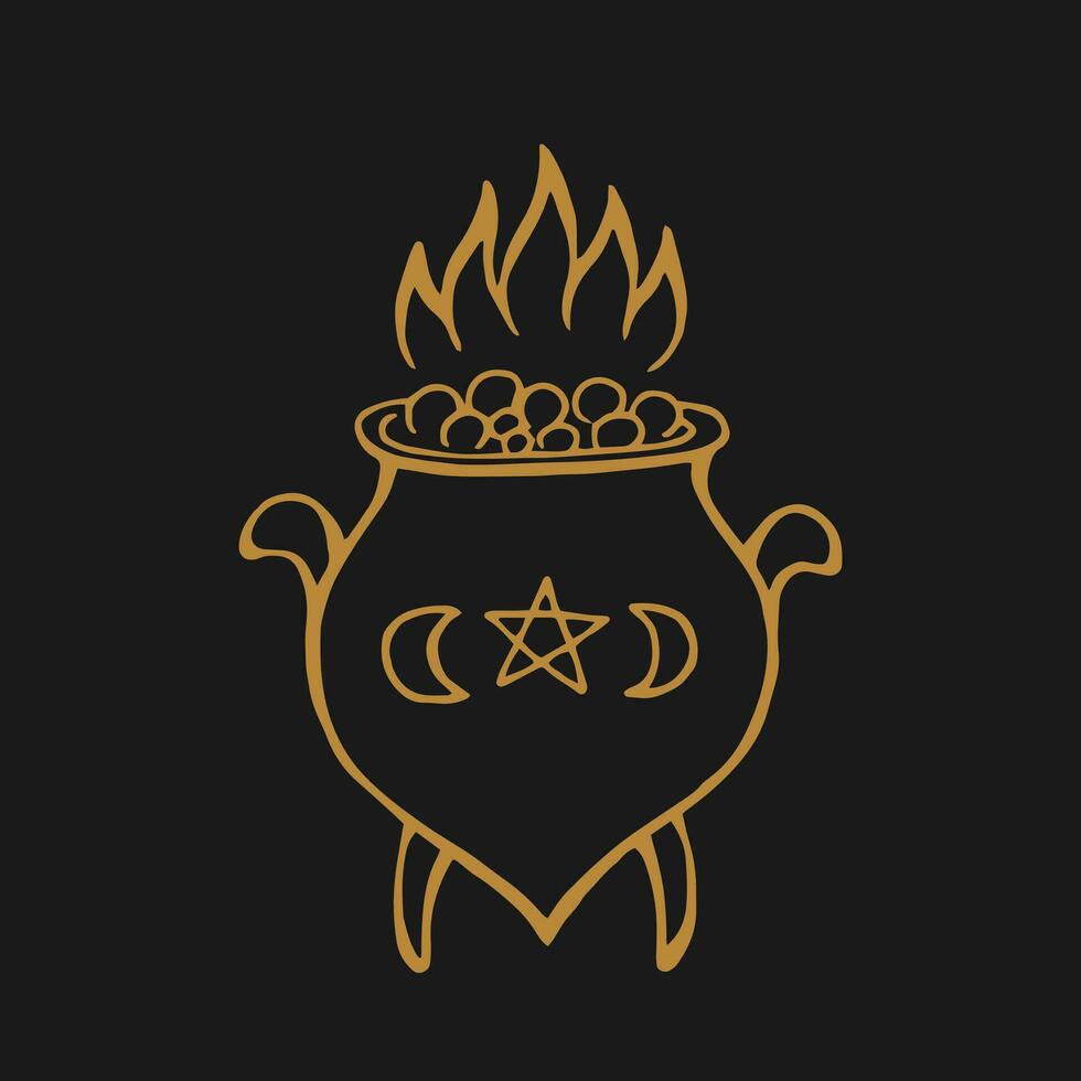 Boiling magic cauldron. Hand drawn vector illustration.