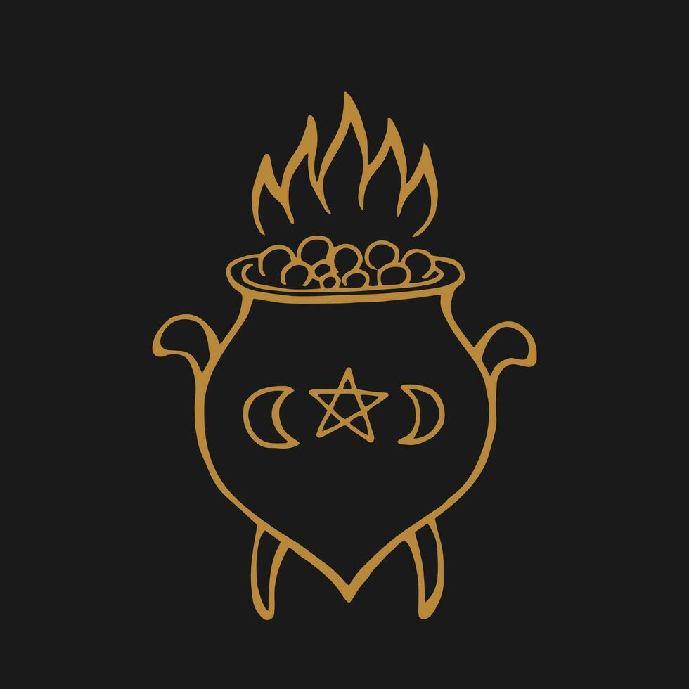 Boiling magic cauldron. Hand drawn vector illustration.