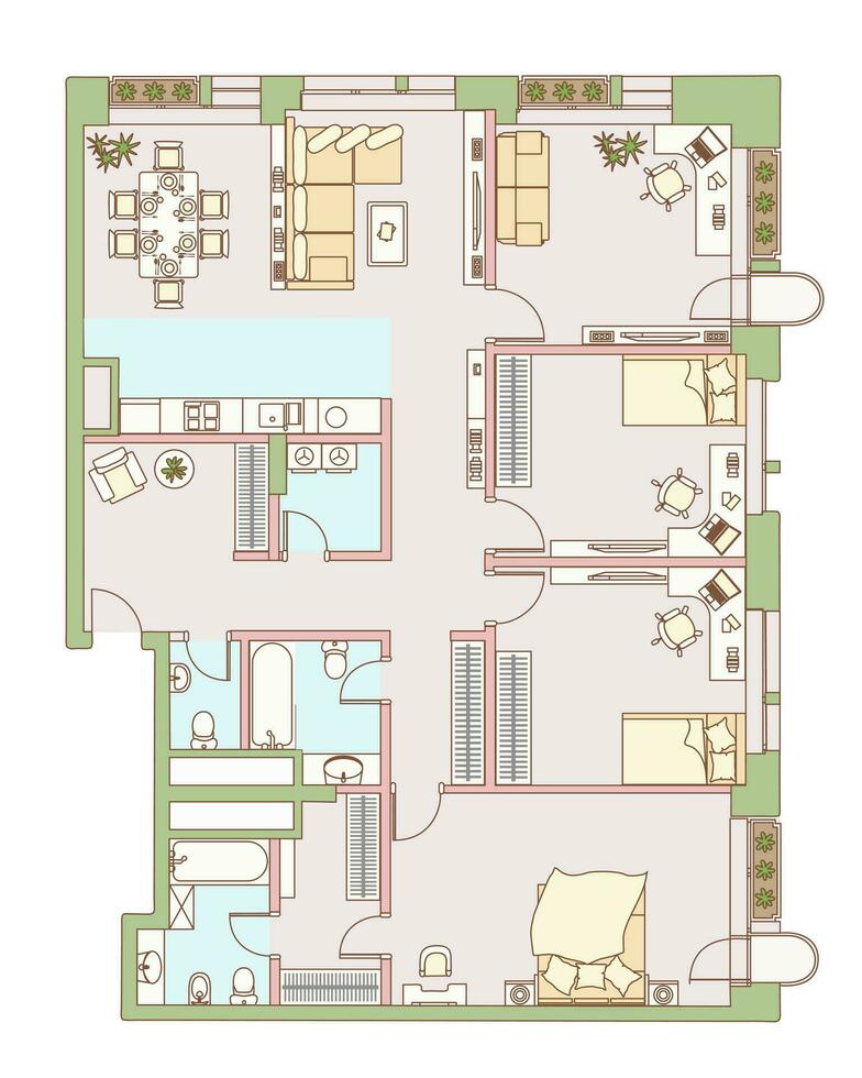 Interior design view from above. Plan of apartment with furniture. Vector isolated illustration