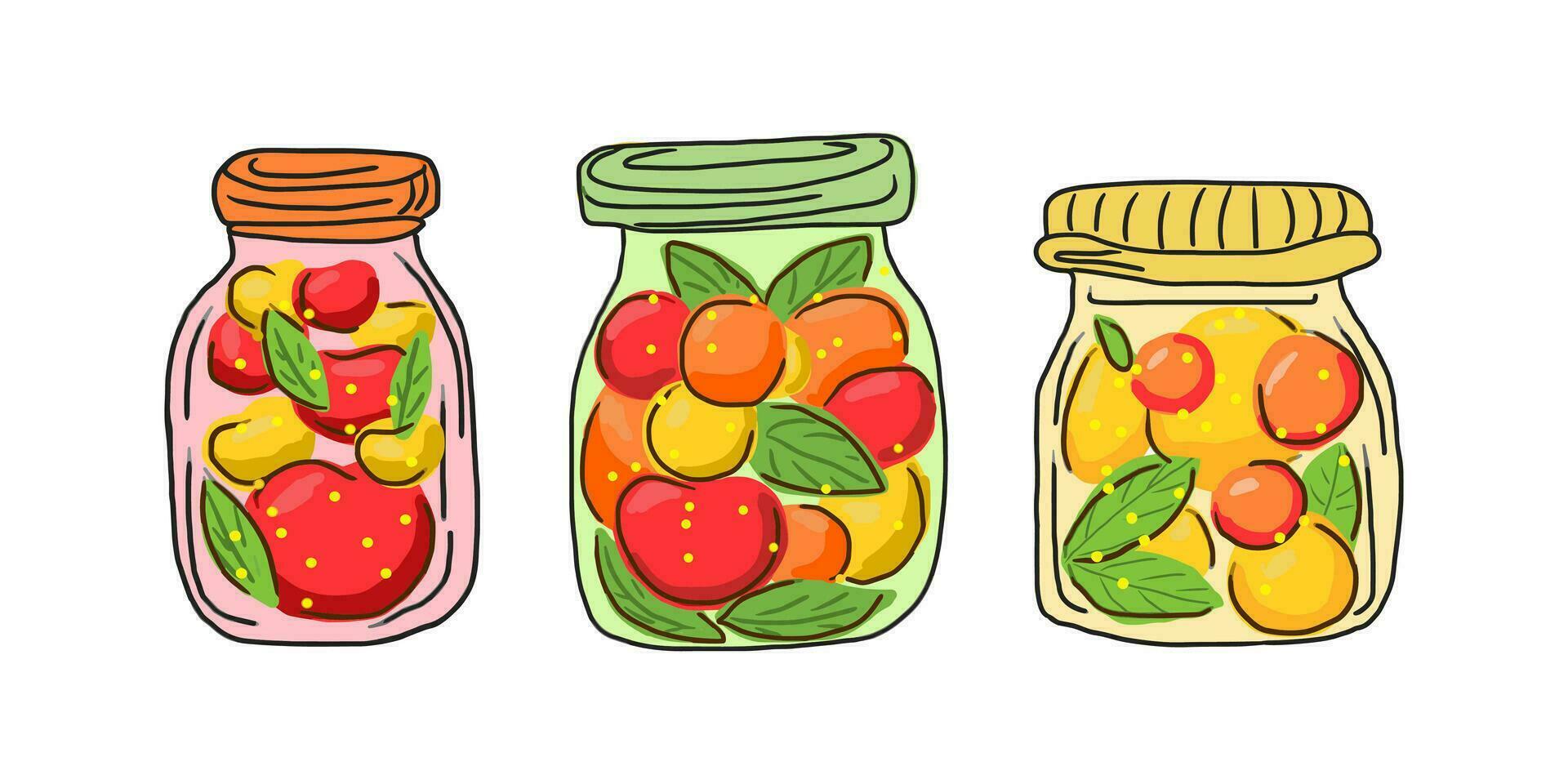 Fruit juice, compote, canned fruit in a jar. Vector isolated. Set of 3 colored glass jars with berry drink, whole fruits and mint leaves. Apple, peach, apricot drinks. Home canning. Organic eco jam.
