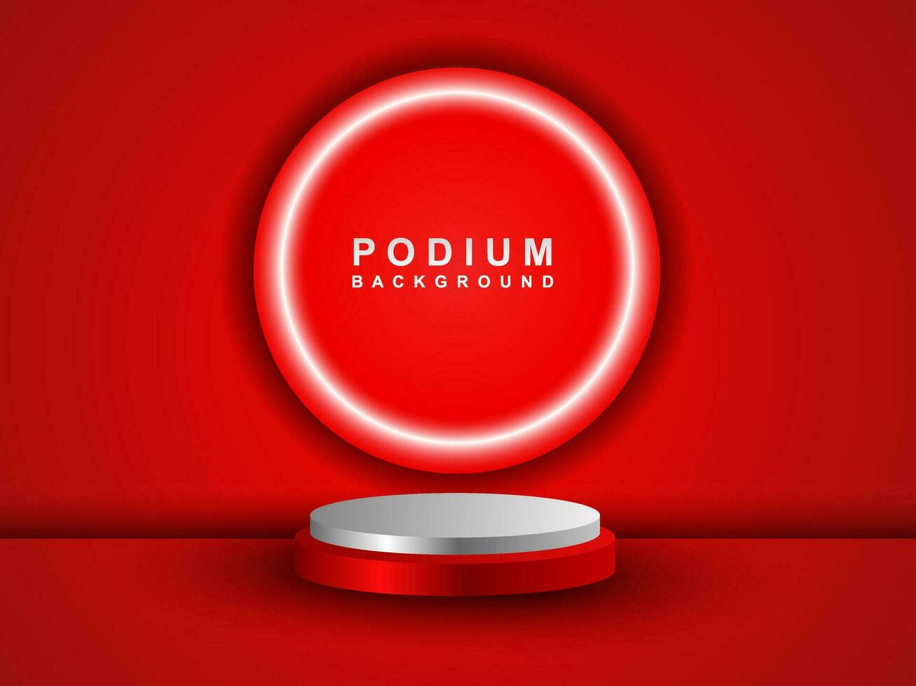 An empty red podium floats in the air with a neon ring in the background. vector