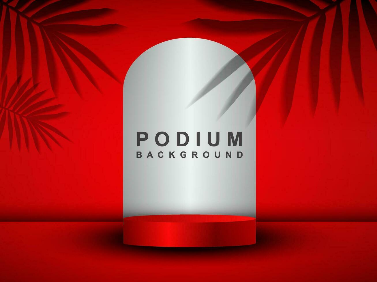 Cylindrical pedestal podium. Background with shadow of coconut leaves. Abstract vector rendering 3d shape product display presentation.