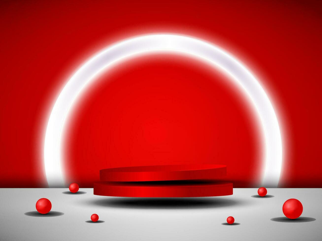 An empty red podium floats in the air with a neon ring in the background. vector