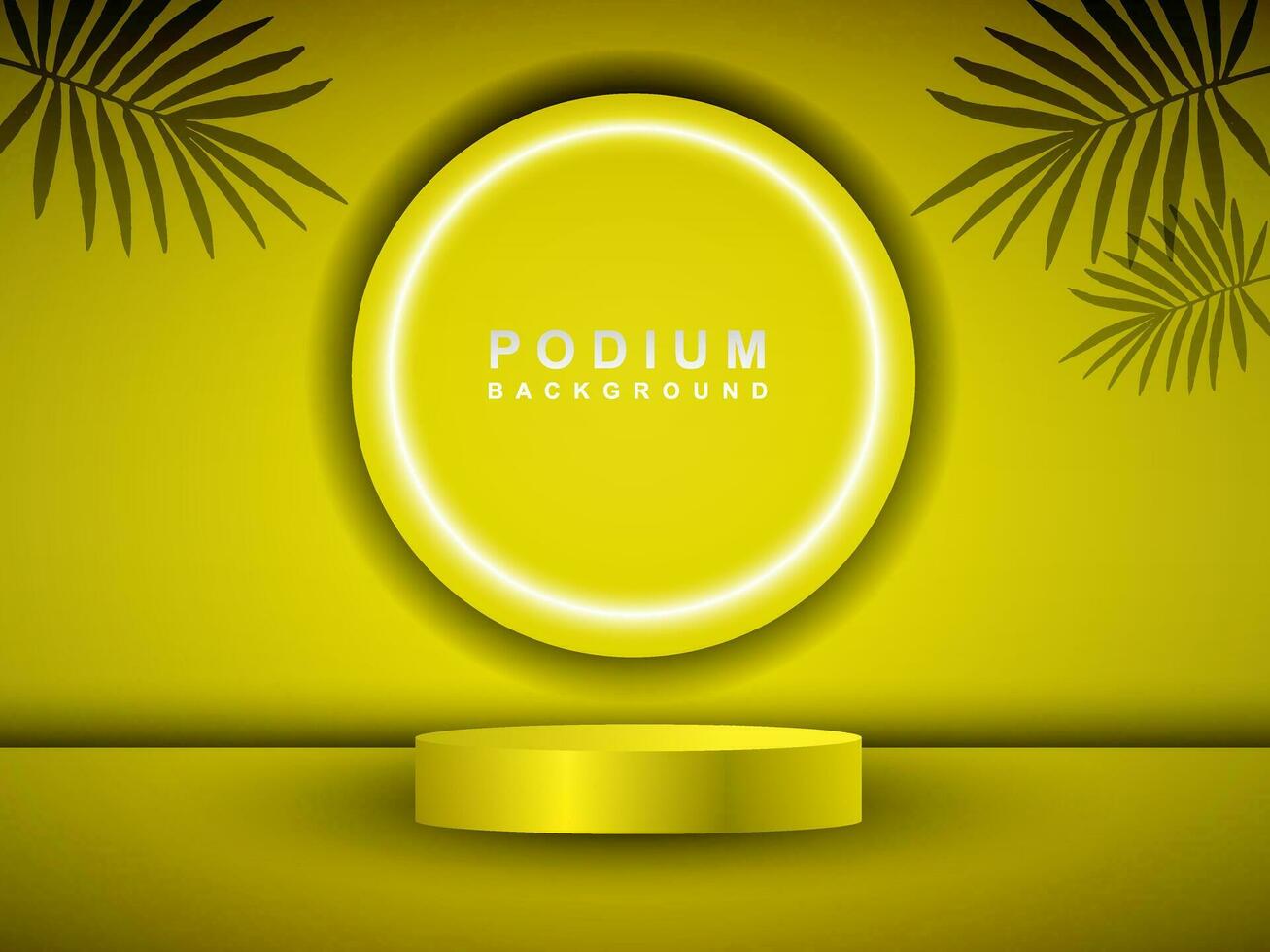 Cylindrical pedestal podium. Background with shadow of coconut leaves. Abstract vector rendering 3d shape product display presentation.