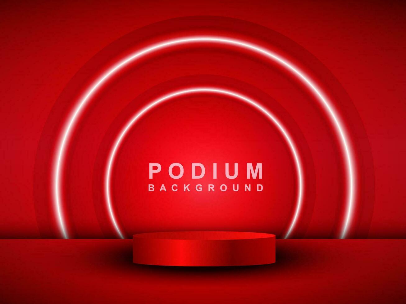 An empty red podium floats in the air with a neon ring in the background. vector