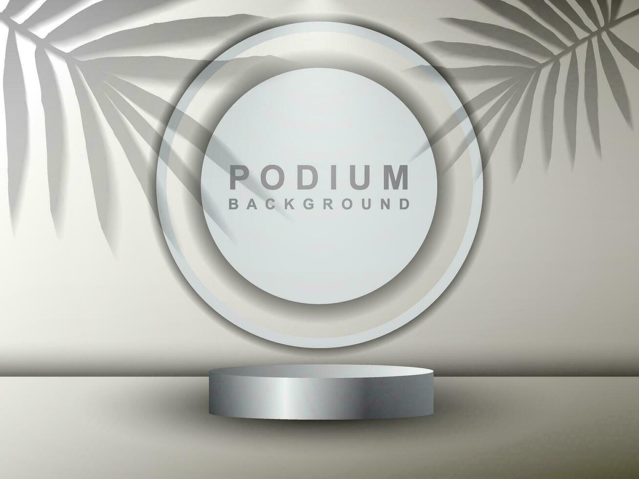 Modern cylindrical pedestal podium. Background with shadow of coconut leaves. Abstract vector rendering 3d shape product display presentation.