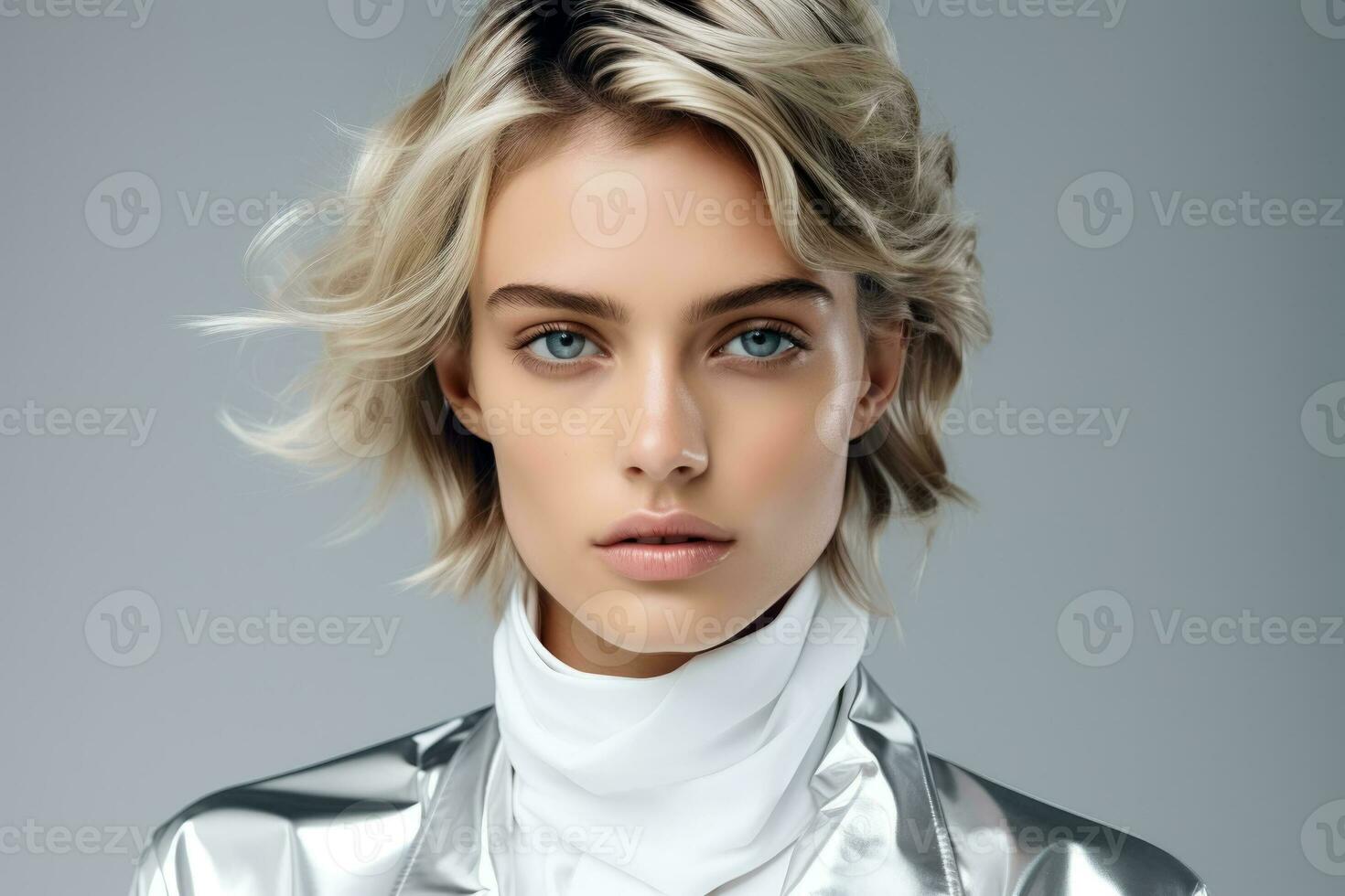 Androgynous model in metallic fashion attire isolated on a gradient monochrome background photo