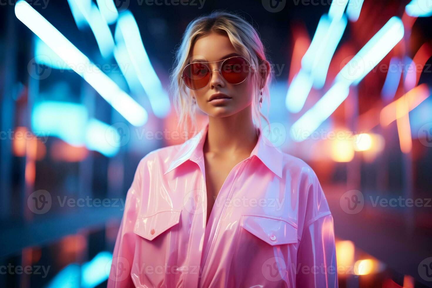 Fashion model in mirror-like ensemble against neon cityscape isolated on a gradient background photo