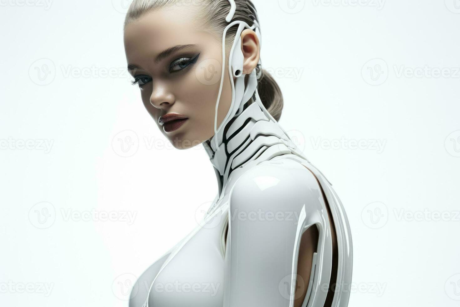 Cybernetic fashion model in sleek monochrome outfit isolated on a futuristic gradient background photo