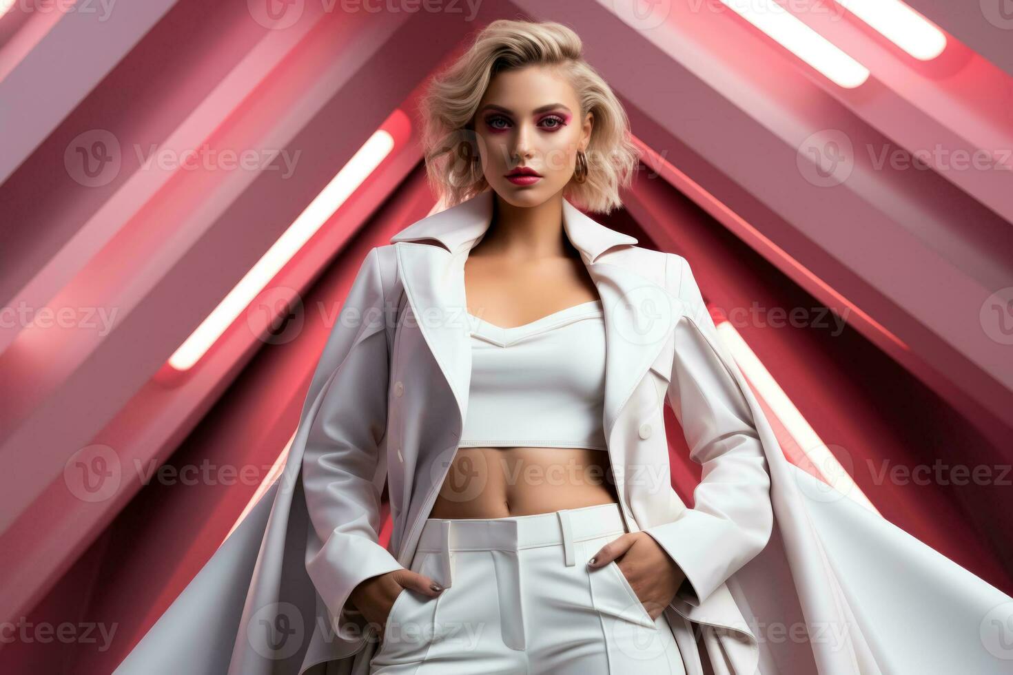 Futuristic fashion model striking a pose in a geometric environment isolated on a gradient background photo