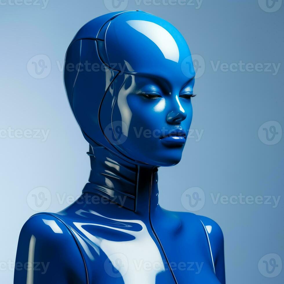 Glamorous mannequin sporting cobalt blue futuristic attire isolated on a gradient background photo