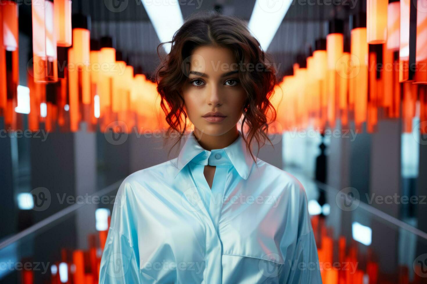 Fashion model in mirror-like ensemble against neon cityscape isolated on a gradient background photo