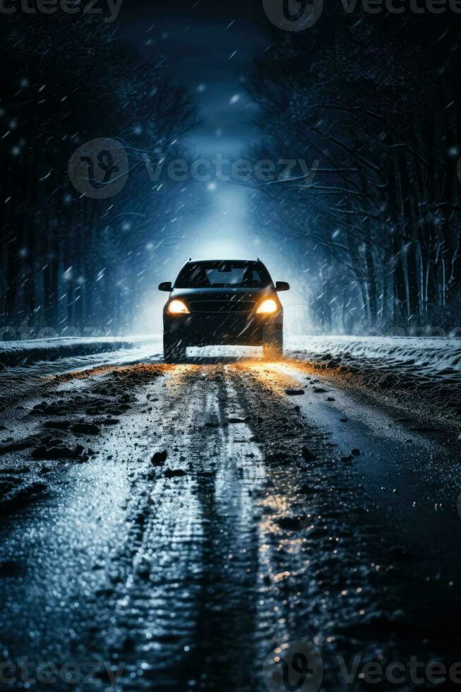 Car skidding on icy road at night isolated on a black gradient background photo