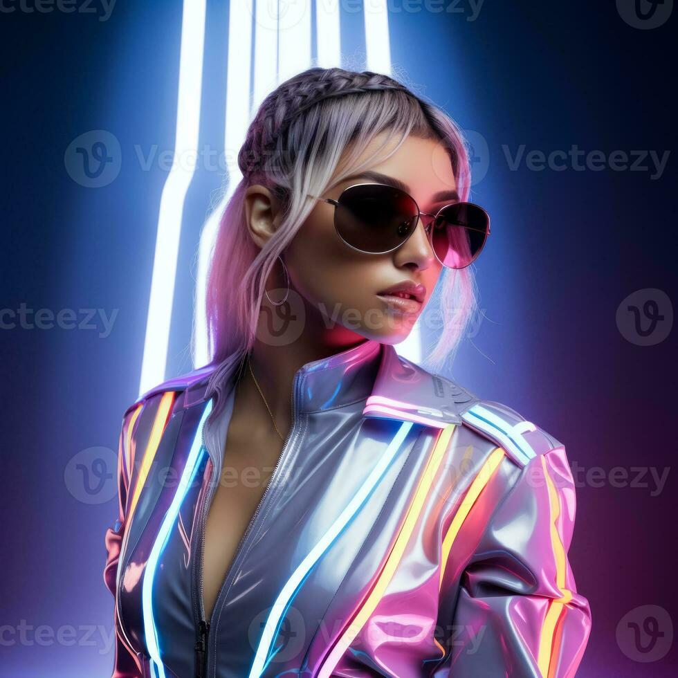 Neo-futuristic model in iridescent outfit isolated on a cosmic gradient background photo