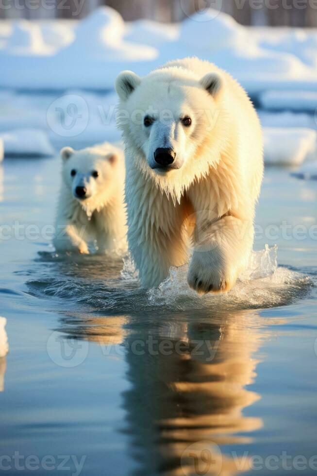 Polar bears hunting in icy conditions showcasing wildlife adaptation for survival photo