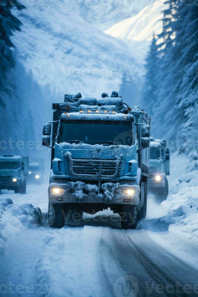 Vehicles navigating icy roads amidst snowfall and dangerously reduced visibility photo