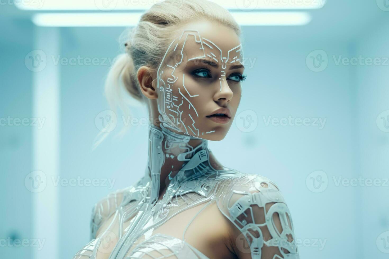 Futuristic female model with cybernetic elements isolated on a monochromatic gradient background photo