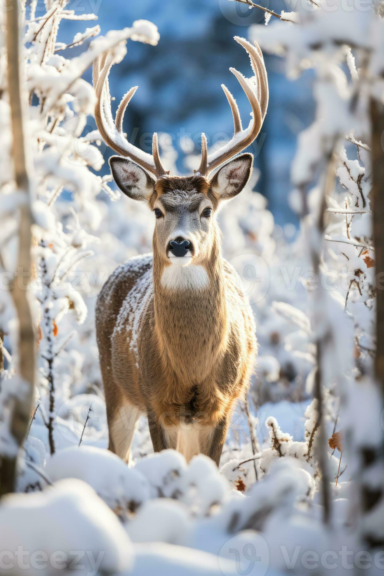 Deer foraging in a snow-covered wilderness depicting wildlife