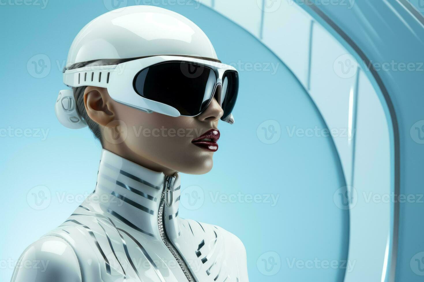 Cybernetic fashion model in sleek monochrome outfit isolated on a futuristic gradient background photo