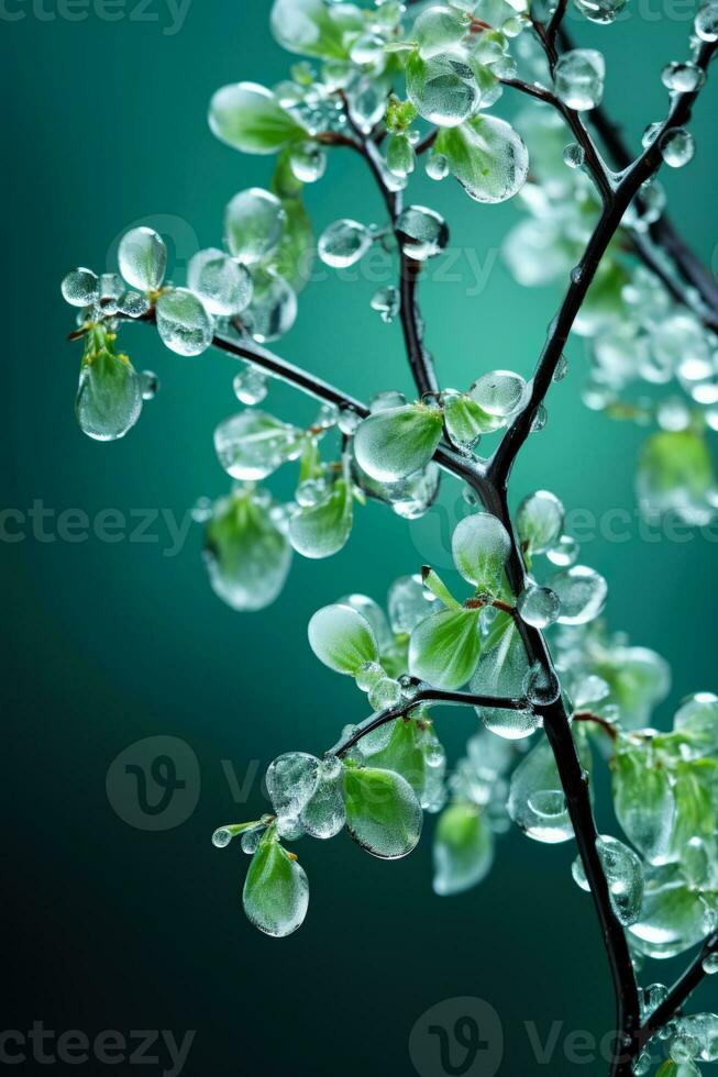 Broken tree branches following an ice storm isolated on a green gradient background photo