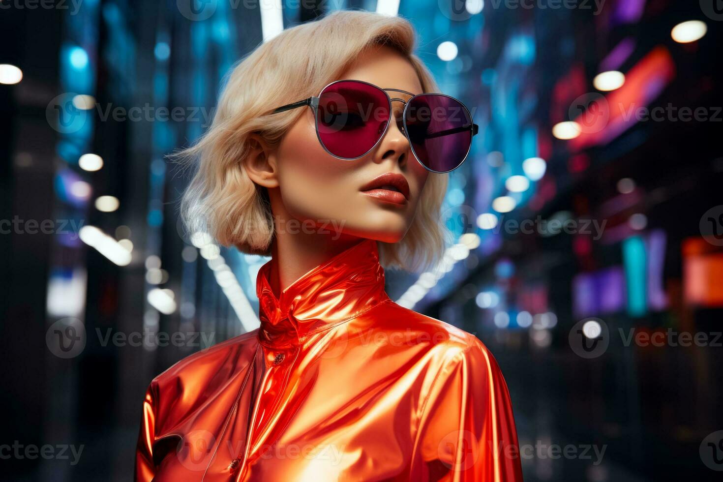 Fashion model in mirror-like ensemble against neon cityscape isolated on a gradient background photo
