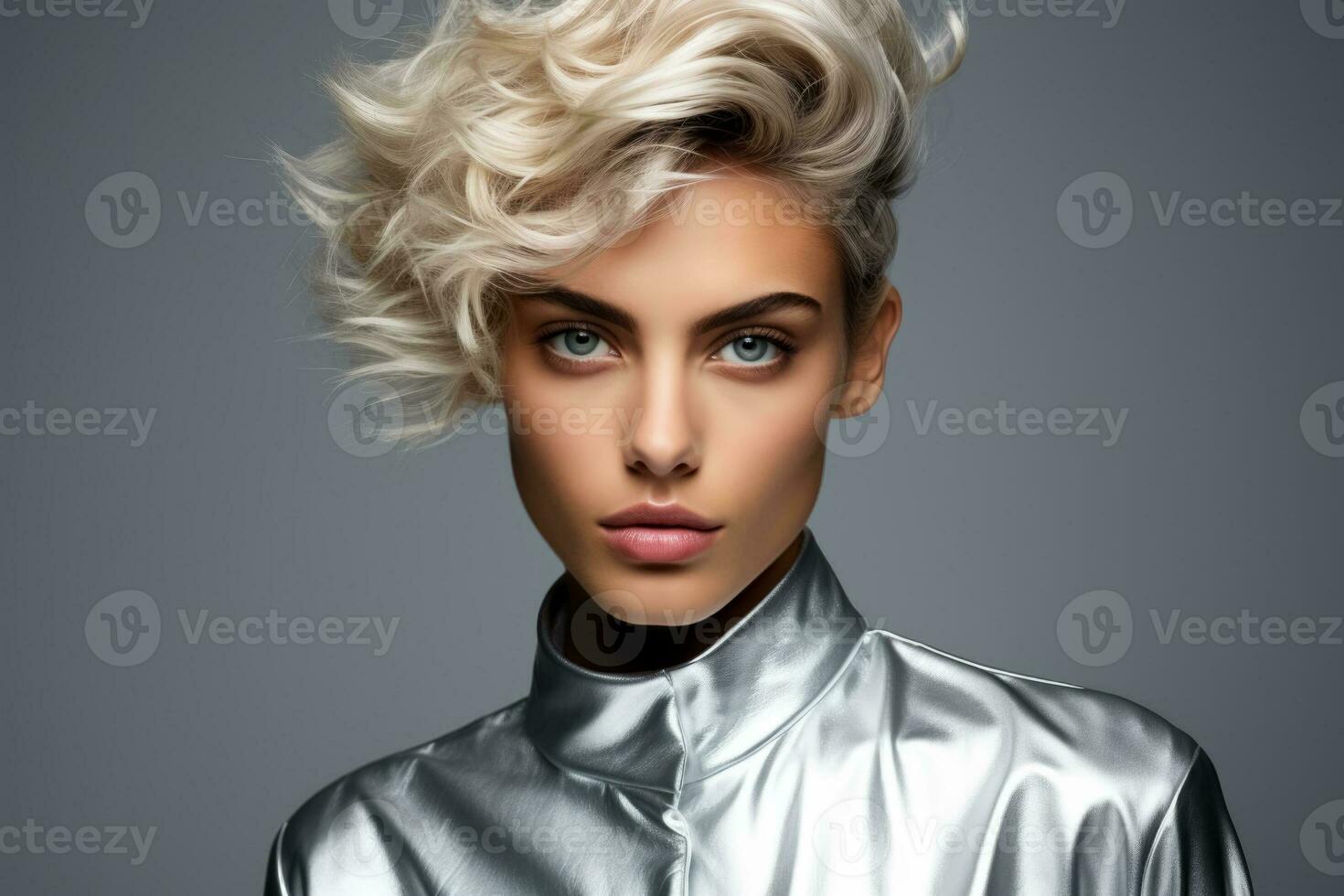 Androgynous model in metallic fashion attire isolated on a gradient monochrome background photo