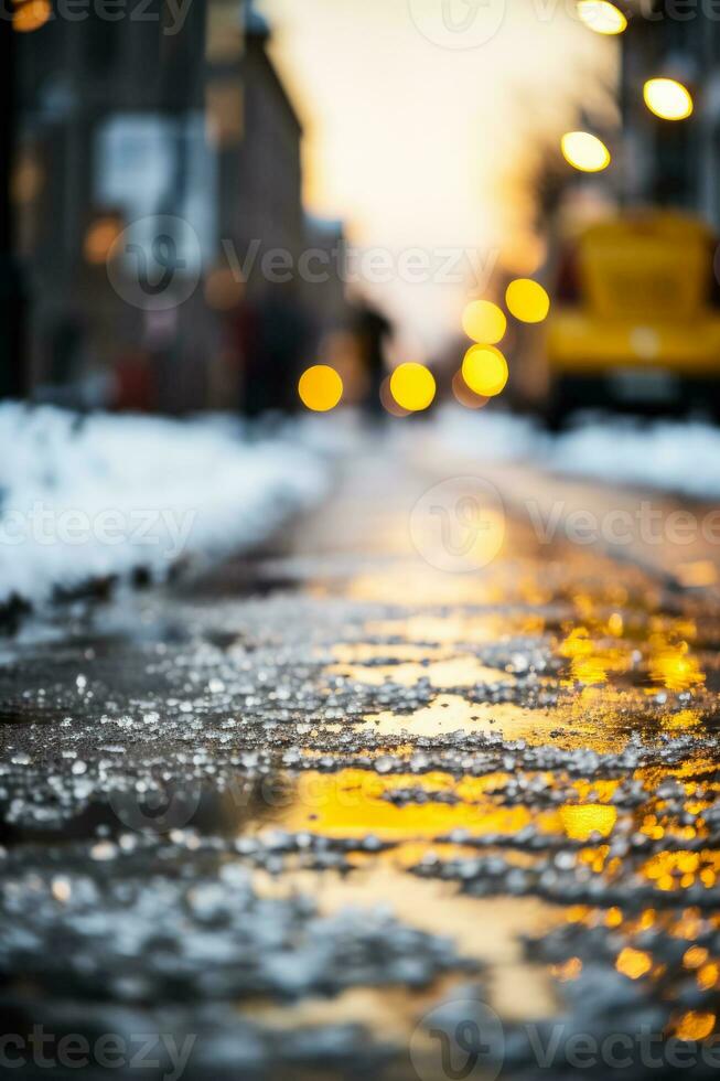 Caution sign on frozen sidewalk background with empty space for text photo