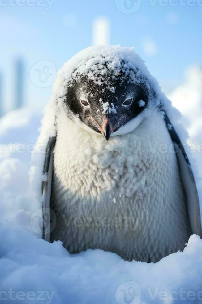 Penguin huddled against harsh Antarctic blizzard isolated on a white gradient background photo