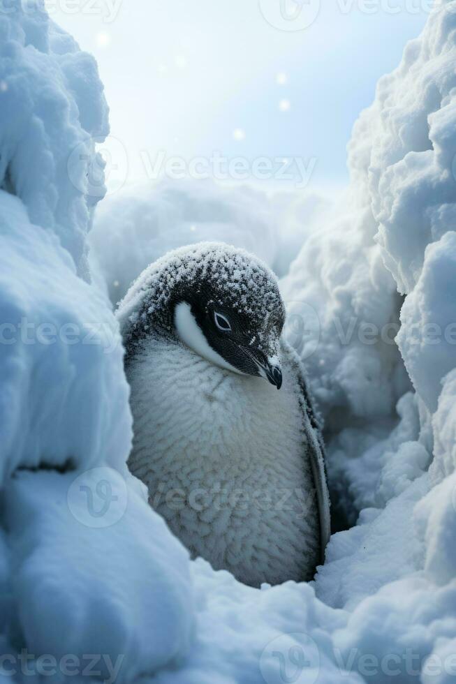 pingüino acurrucado en contra duro antártico tormenta de nieve aislado en un blanco degradado antecedentes foto